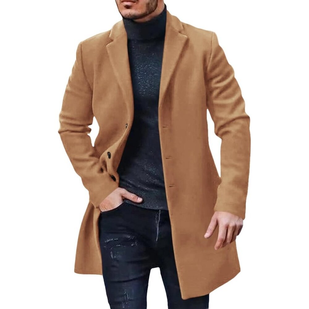 Men's Khaki Trench Coat Winter Single Breasted Pea Coat Warm Soft Overcoat